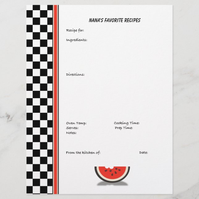 Watermelon Checkered Anpassningsbar Recipe Page (e (Framsida)