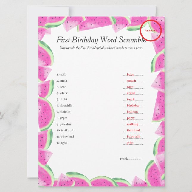 Watermelon First Birthday Ord Scramble Response Ny Julkort (Framsida)