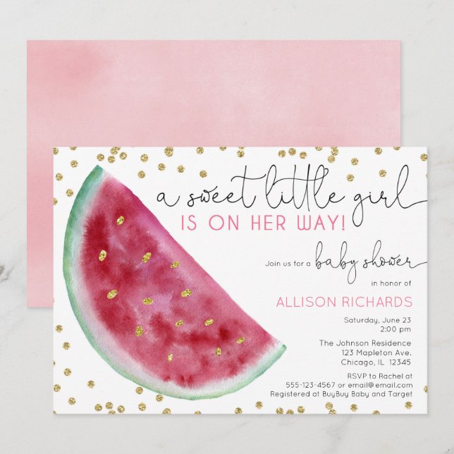 Watermelon Flicka, babdusch, söt liten flicka Inbjudningar (Fram/baksida)