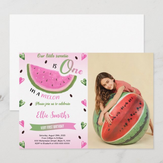 Watermelon Födelsedagsfoto Inbjudan (Fram/baksida)
