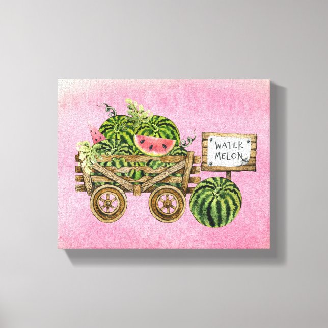 Watermelon Harvest Farmhouse Watercolor Wood Cart  Canvastryck (Framsida)