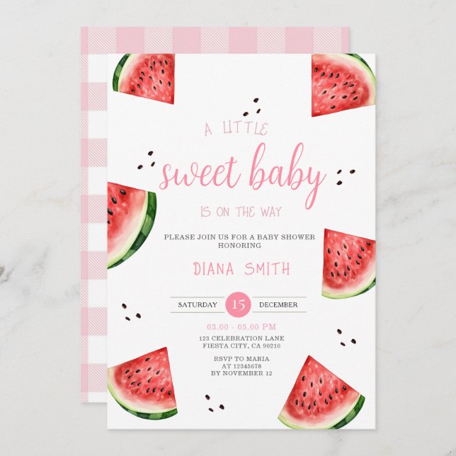 Watermelon lite Sweet Rosa Gingham Baby Shower Inbjudningar (Fram/baksida)