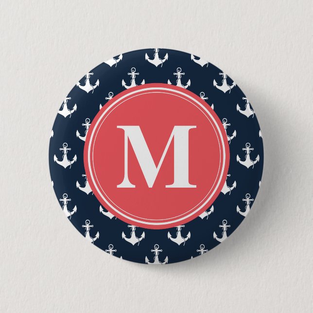 Watermelon Monogrammed Blue Anchor Mönster Knapp (Framsida)