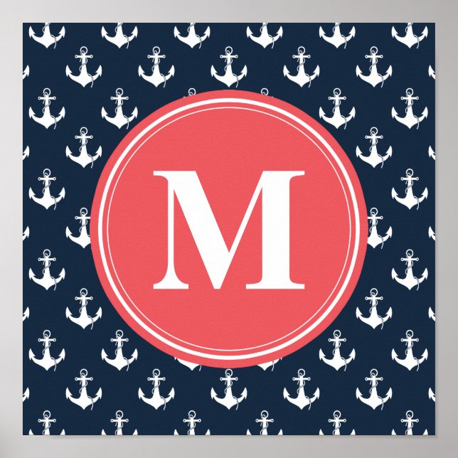 Watermelon Monogrammed Blue Anchor Mönster Poster (Framsidan)