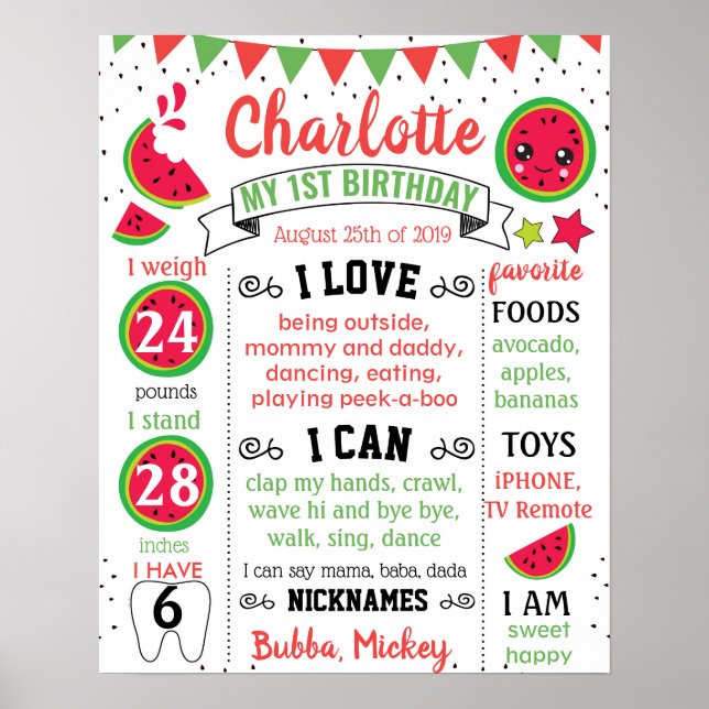 Watermelon One i en melon Birthday-skylt Poster (Framsidan)