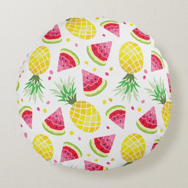 Watermelon Pineapple Sömlös sommarutskrift Rund Kudde (Framsidan)
