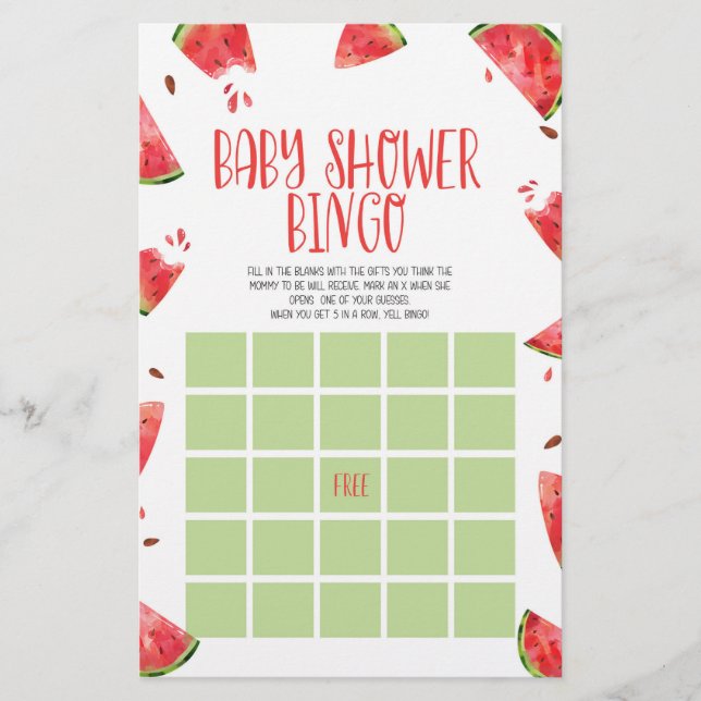 Watermelon Rosa Grönt Bingo Baby Shower-spel Brevpapper (Framsida)