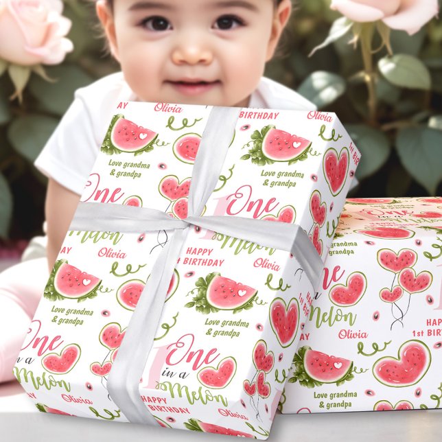 Watermelon Rosa Sommar 1:a födelsedag Namn Presentpapper (Watermelon Pink Summer 1st Birthday Girl Name Text Wrapping Paper)