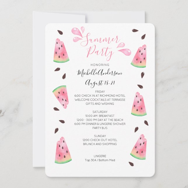 Watermelon Summer Bachelorette Helg Itinerary Inbjudningar (Framsida)