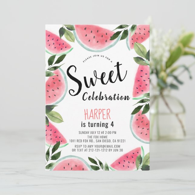 Watermelon Sweet Firande Watercolor Birthday Inbjudningar (Stående Fram)