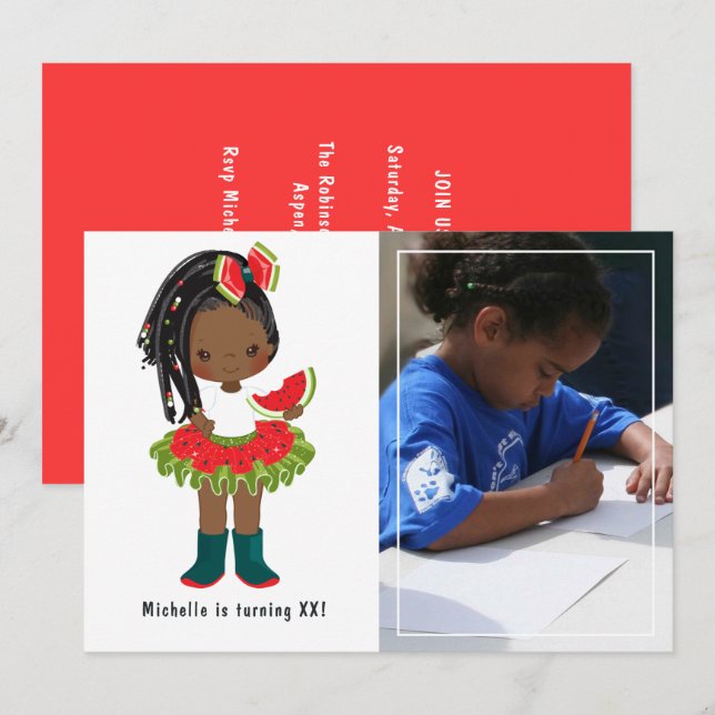 Watermelon Tutu American Black Girl Födelsedagsfes Inbjudningar (Fram/baksida)