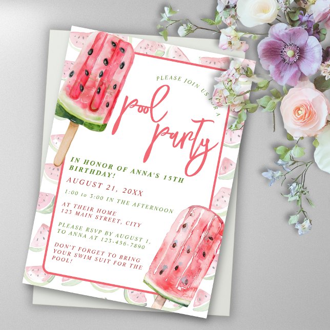 Watermelon Watercolor Sommar Bassäng Party Inbjudningar (Skapare uppladdad)
