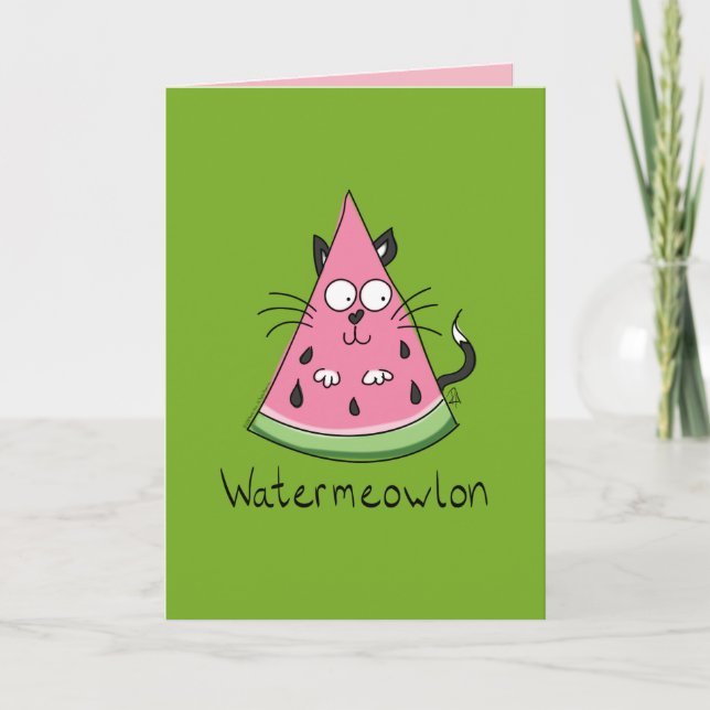 Watermeowlon Watermelon Cat Funny Greeting Card Kort (Framsida)
