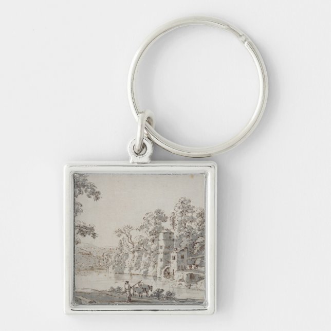 Watermillen vid Ford Fyrkantig Silverfärgad Nyckelring (Framsidan)