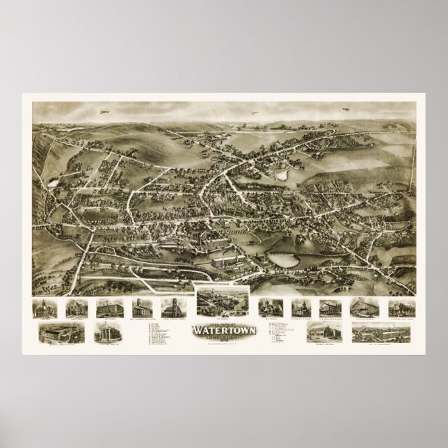 Watertown, CT Panoramic Karta - 1918 Poster (Framsidan)