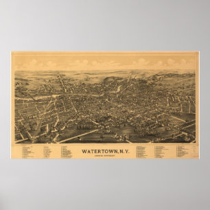 Watertown New York 1891 Antique Panoramic Karta Poster