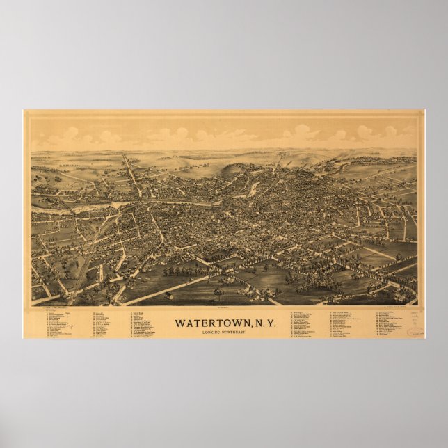 Watertown New York 1891 Antique Panoramic Karta Poster (Framsidan)