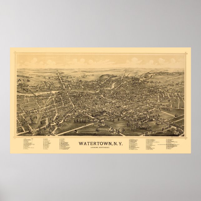 Watertown, NY Panoramic Karta - 1891 Poster (Framsidan)