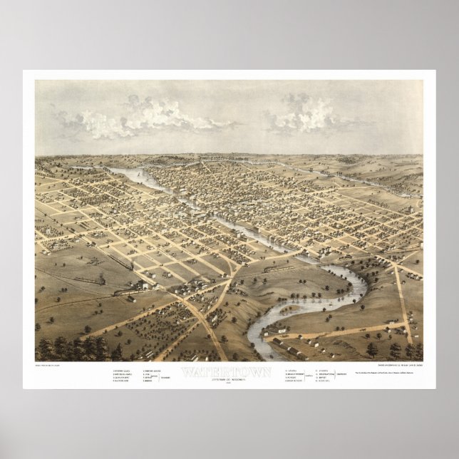 Watertown, WI Panoramic Karta - 1867 Poster (Framsidan)