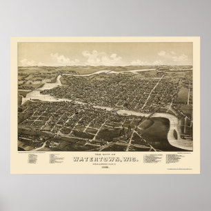 Watertown, WI Panoramic Karta - 1885 Poster
