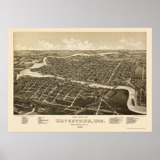 Watertown, WI Panoramic Karta - 1885 Poster (Framsidan)