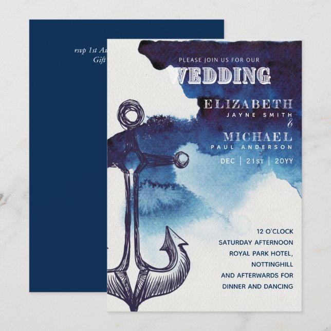 Watery Nautical Sailing Destination Wedding Inbjud (Fram/baksida)