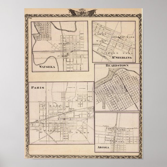 Watseka, Paris, Mt Sterling, Beardstown och Arcola Poster (Framsidan)