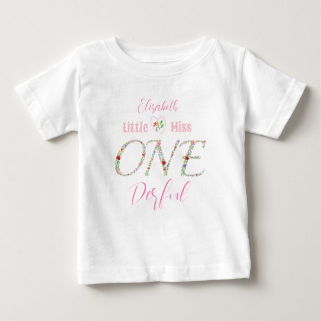 Wattercolor Flora Little Miss Onederful Birthday T Shirt (Framsida)