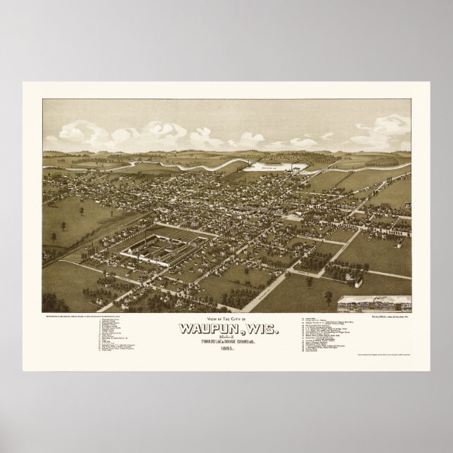 Waupun, WI Panoramic Karta - 1885 Poster (Framsidan)