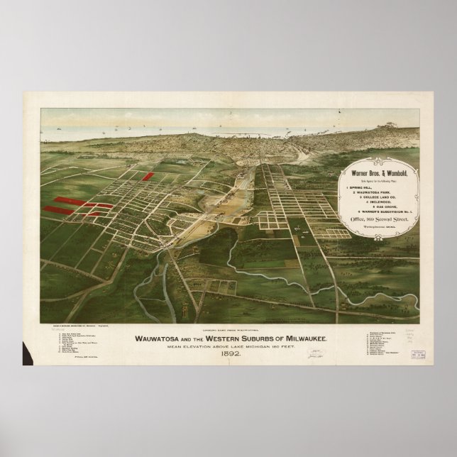 Wauwatosa - Milwaukee WI 1892 Panoramic Karta Poster (Framsidan)