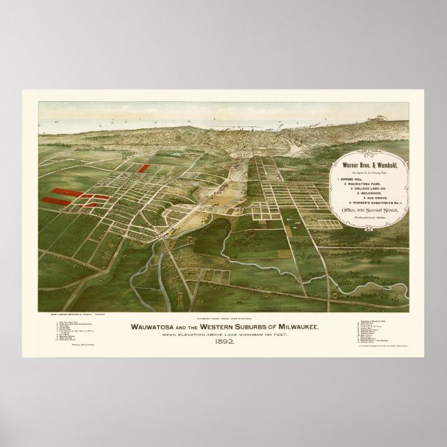 Wauwatosa, WI Panoramic Karta - 1892 Poster (Framsidan)