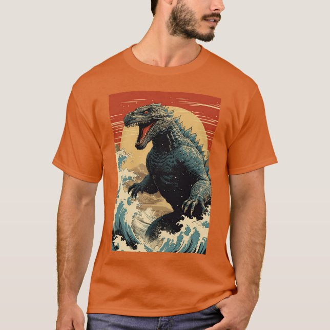 Wave and Godzilla T Shirt (Framsida)