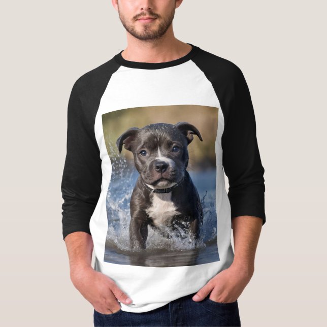 "Wave Chaser: A Staffy Puppy at Play in Ocean" T Shirt (Framsida)