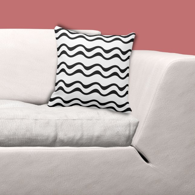 Wave Mönster Black and White - Dekorativ kudde (Regular Black Ripple Pattern, White Pillow)