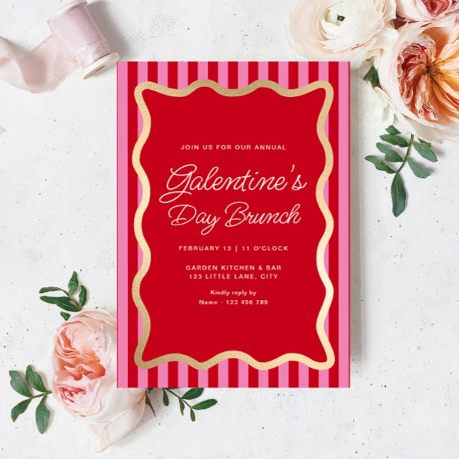 Wave Red Rosa Rand Galentine's Day Brunch Inbjudningar (Galentines Brunch Invitation Hot Pink Stripe)