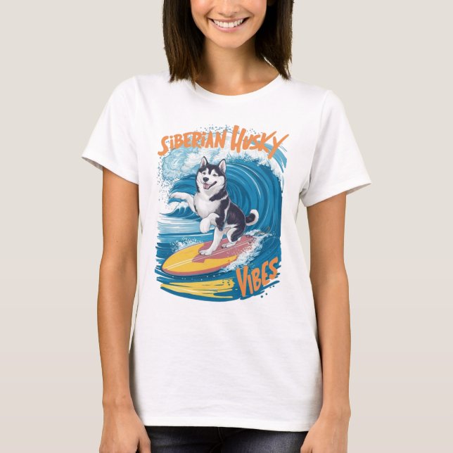 Wave Rider Siberian husky Hund Surfing T Shirt (Framsida)
