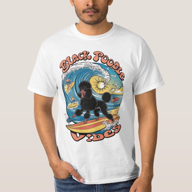 Wave Rider Surfing Black Pudel T Shirt (Framsida)
