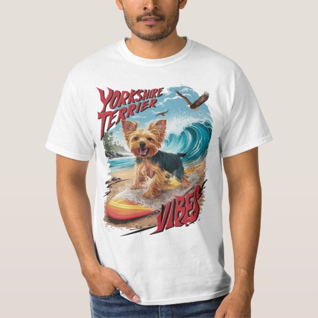 Wave Rider Yorkshire Terrier Surfing Valp T Shirt (Framsida)