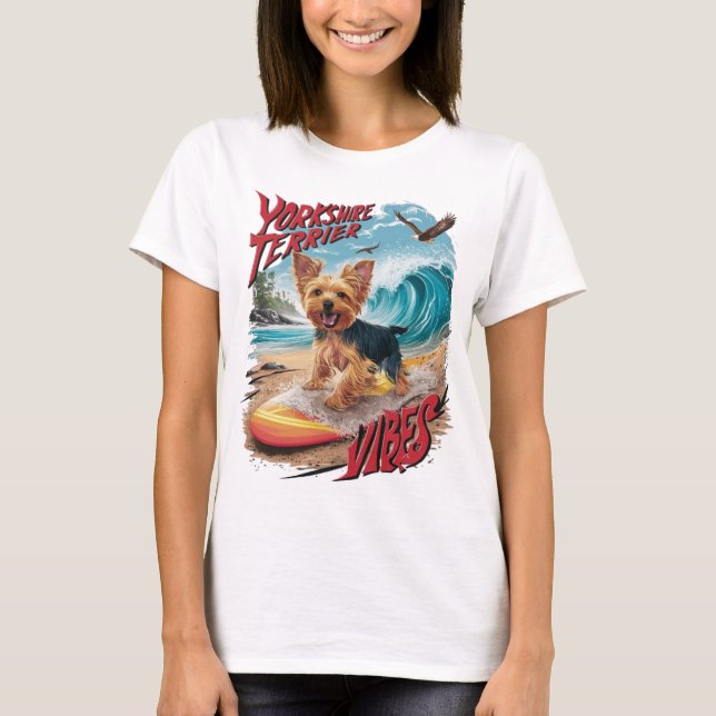 Wave Rider Yorkshire Terrier Surfing Valp T Shirt (Framsida)
