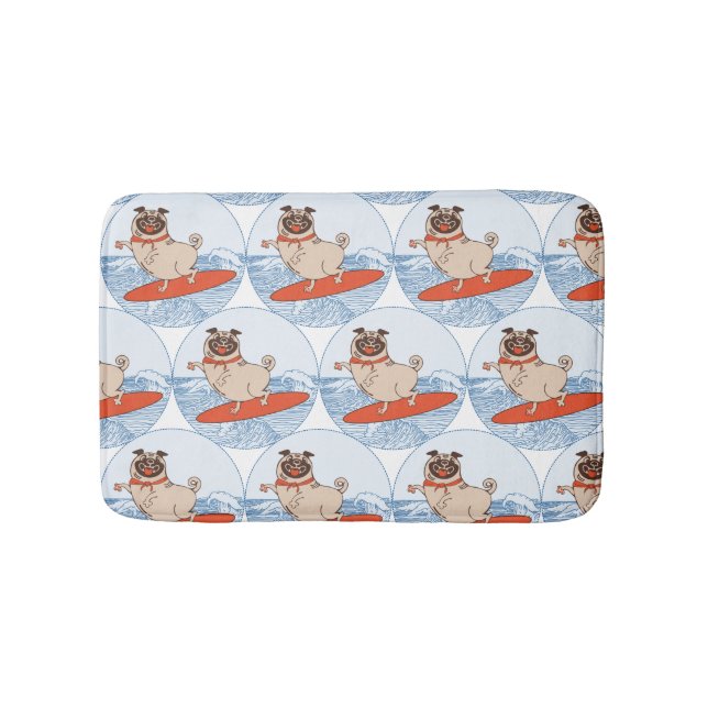 Wave riding happy pug dog on surfboard  scarf band badrumsmatta (Framsidan)