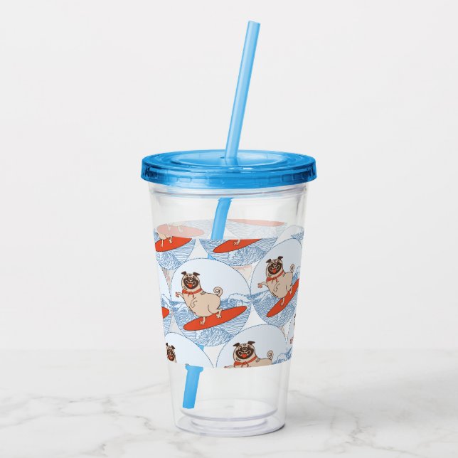 Wave ridning lycklig pug hund på skarvband take away mugg (Baksida)