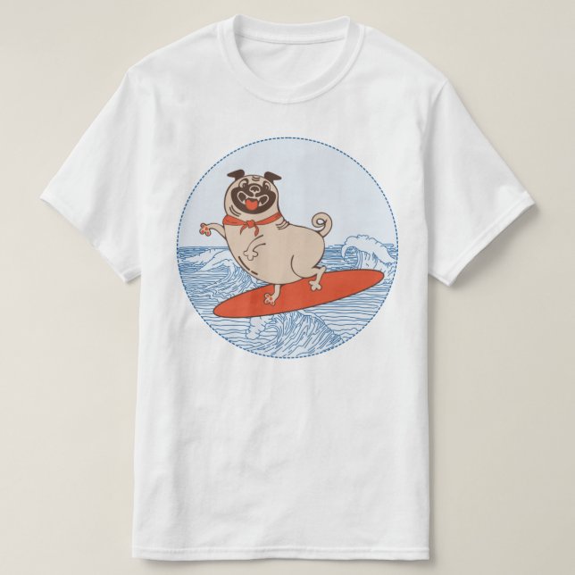 Wave ridning lycklig pug hund på surfboard T-Shirt (Design framsida)