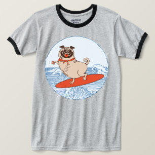 Wave ridning lycklig pug hund på surfboard T-Shirt
