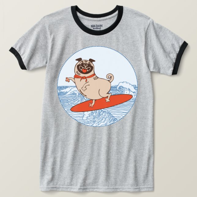 Wave ridning lycklig pug hund på surfboard T-Shirt (Design framsida)