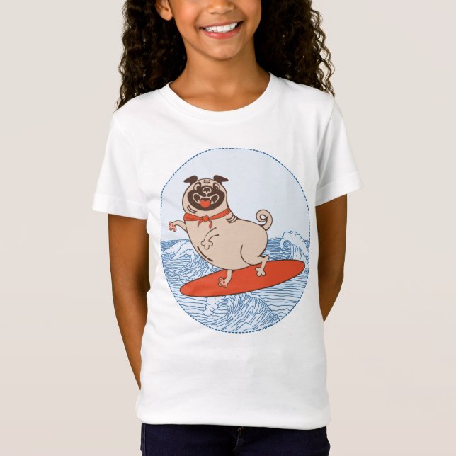 Wave ridning lycklig pug hund på surfboard T-Shirt (Framsida)