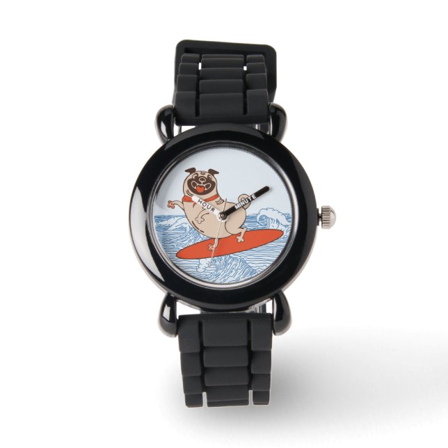 Wave ridning lycklig pug hund på yfboard armbandsur (Framsida)