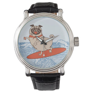 Wave ridning lycklig pug hund på yfboard armbandsur