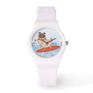 Wave ridning lycklig pug hund på yfboard armbandsur