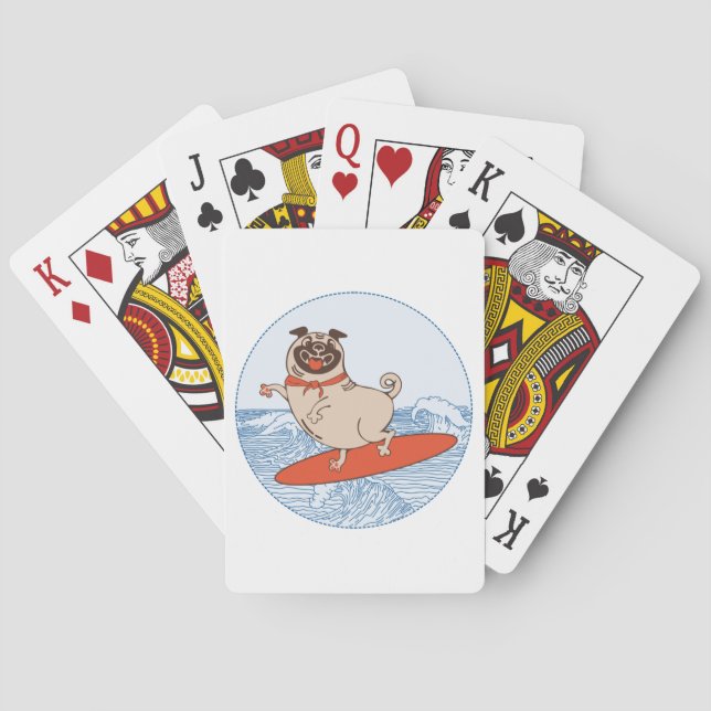 Wave ridning lycklig pug hund på yfboard casinokort (Baksidan)