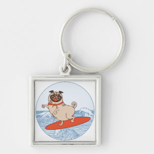 Wave ridning lycklig pug hund på yfboard fyrkantig silverfärgad nyckelring